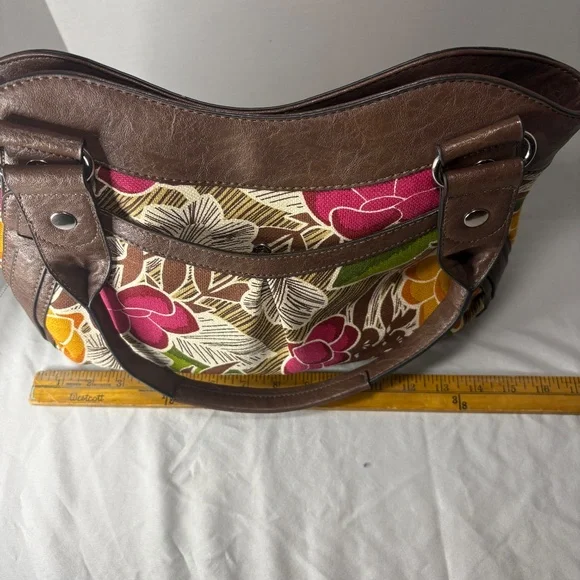Relic Brand Shoulder Bag Tote Purse Flowered Canvas Faux Leather Tan Cream Fall - Picture 10 of 11